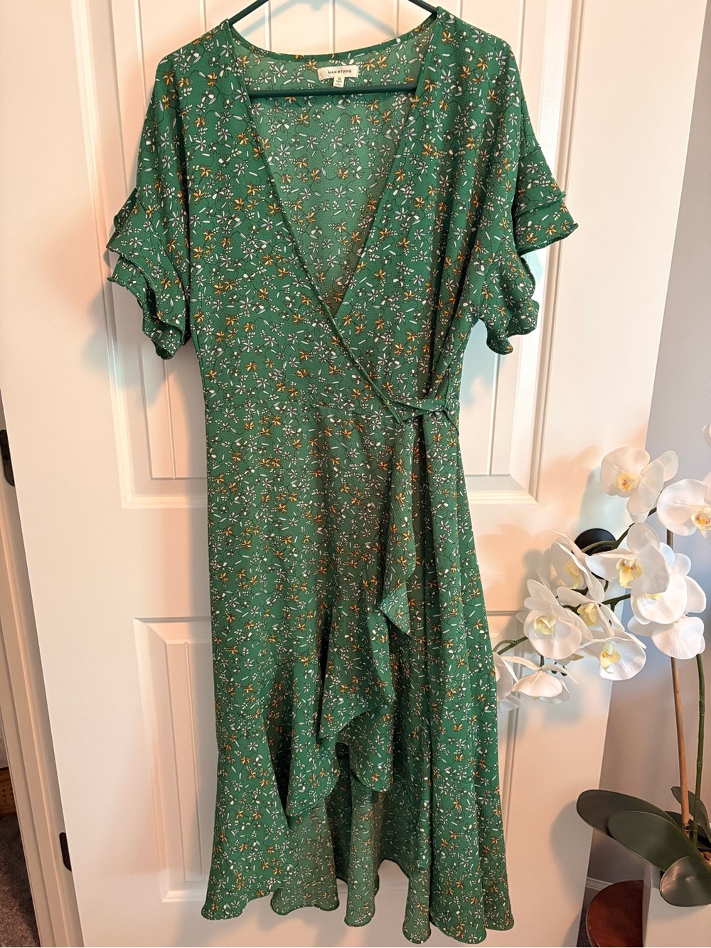 Max Studio Green Floral Ruffle Wrap Midi High Low Dress 1X